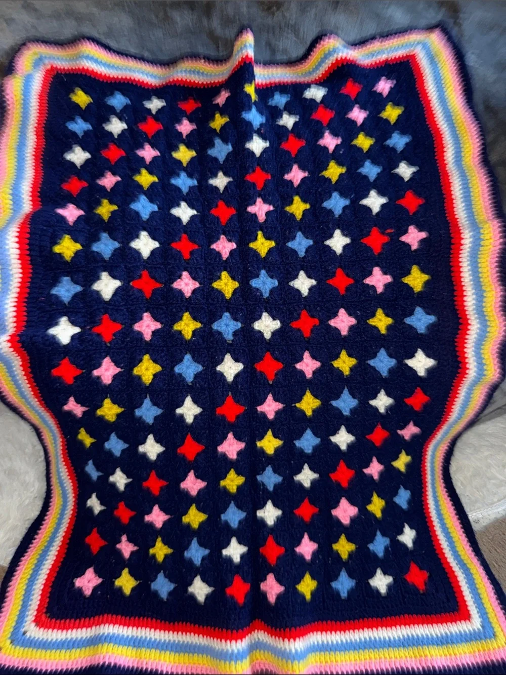 Hand Crafted Navy Multicolor Star Crochet Throw lap‎ Blanket